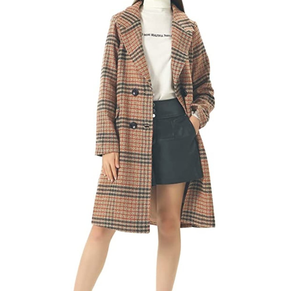 Women's Winter Oversize Lapel Collar Woolen Plaid Double Breasted Long Peacoat